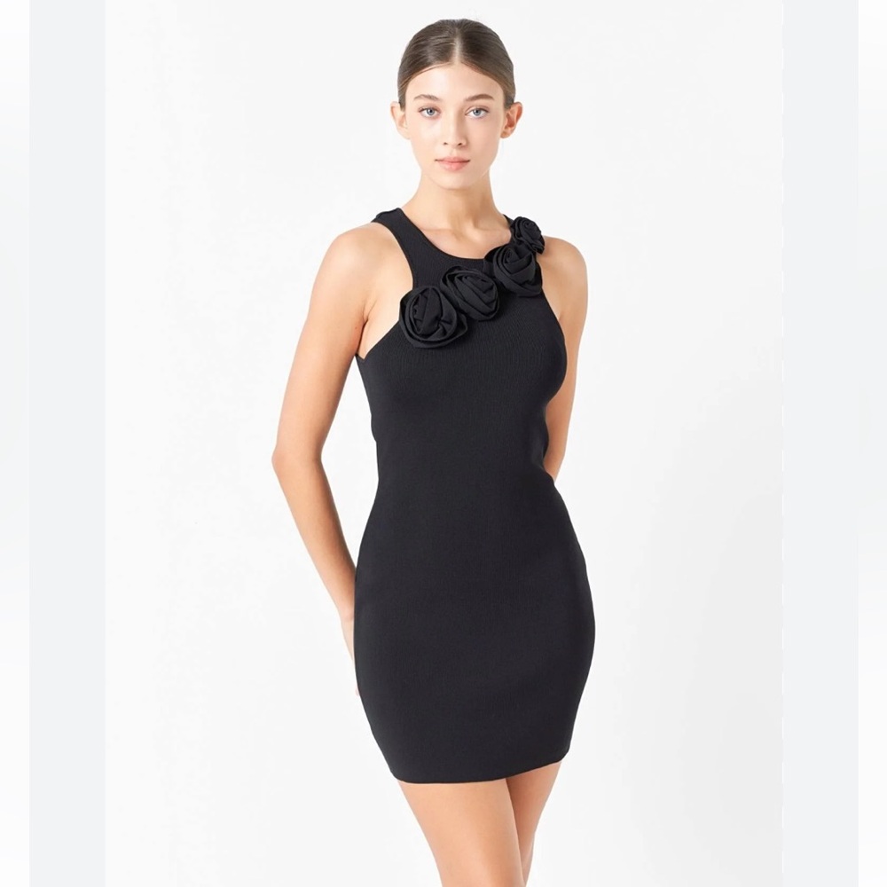 Endless Rose Rosette Detail Knit Bodycon Mini Little Black Dress Size Small NWT